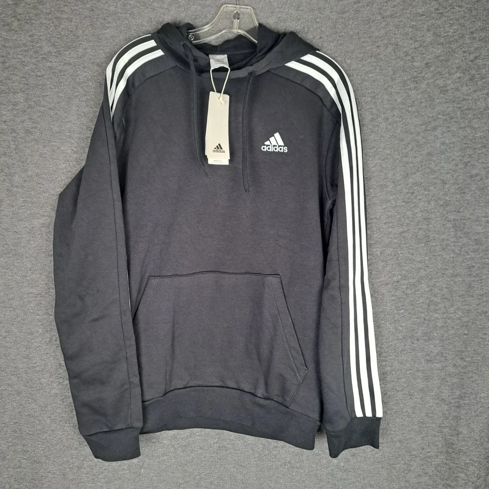 Adidas Hoodie Mens Medium Black 3-Stripes Fleece Pullover Sweatshirt Logo IB4028